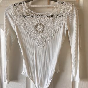 WHITE AWESOME CROCHET DETAIL LONG SLEEVE BODY SUIT
